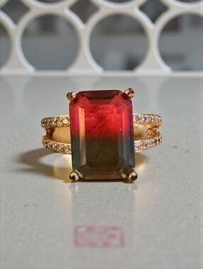 Lab Created Emerald Cut Watermelon Tourmaline Ring with CZ Accents in Gold Plate
